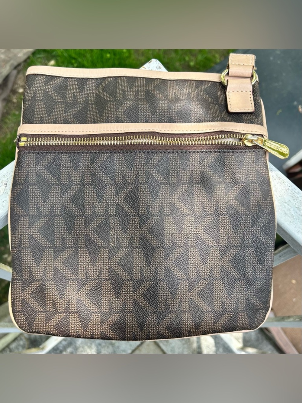 Michael Kors Jet Set Brown MK Monogram Crossbody Bag PVC Leather Trim